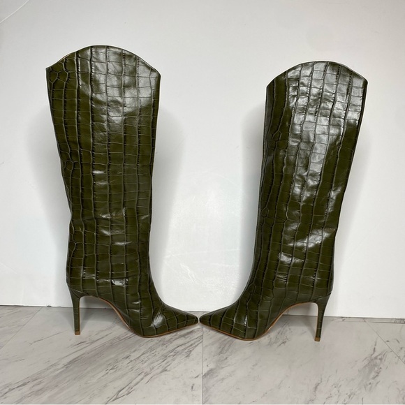 Schutz Maryana Military Green Crocodile Embossed Leather Tall Heeled Boot 5B - Picture 5 of 15